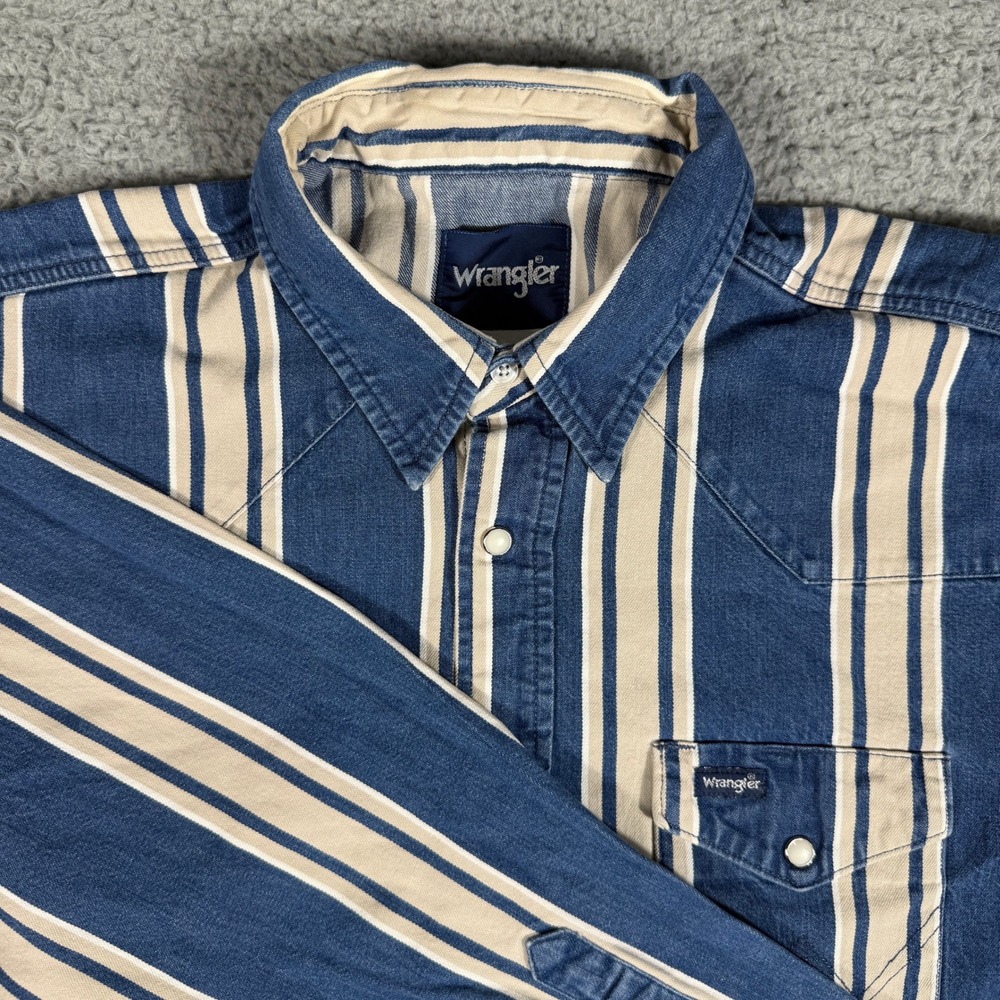 Vintage Wrangler Denim Pearl Snap Western Shirt Men's XL Blue Stripe Workwear - Picture 4 of 9